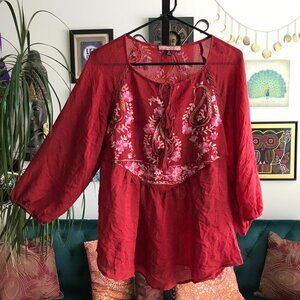 OLIVE HILL size M Burgundy Red Paisley Floral Embroidery Bohemian Peasant Top